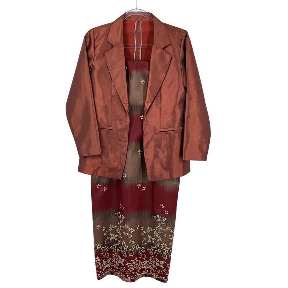 Dress Jacket Set S Floral Jacquard Brocade Rust Burgundy Romantic Special Event